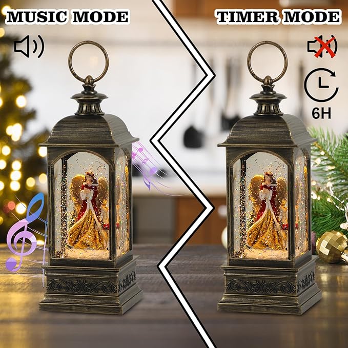 Eldnacele Angel Music Snow Globe Lantern with 6 Hour Timer, Battery Operated & USB Powered Singing Lighted Lamp Swirling Water Glittering Christmas Decoration Holiday Decor Lantern