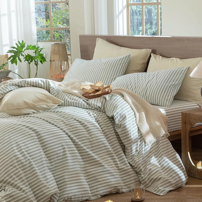MooMee Striped Duvet Cover Set 100% Washed Cotton Linen Like Textured Breathable Durable Soft Comfy (Sage Green White Classic Stripes, Alaska King 132"x120")