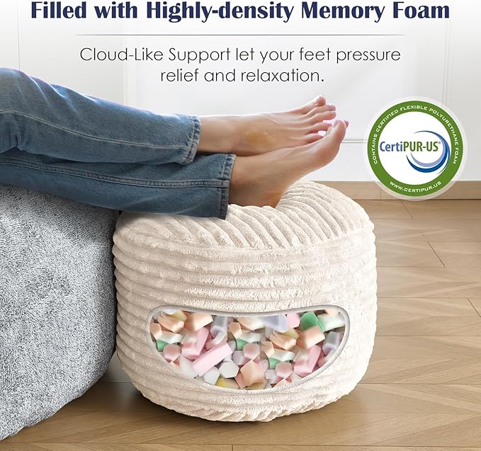 Round Pouf Ottoman,Corduroy Poufs with Memory Foam Filling for Foot Rest,Soft Footstool for Living Room,Office,20"x 17",Beige