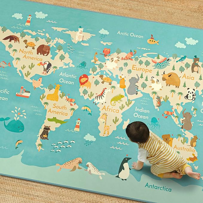 Washable Large Kids Playroom Rug with Animal – 5x8 Educational World Map Play Mat for Kids Room – Non-Slip, Stain Resistant, Soft & Safe for Baby, Nursery, Classroom or Bedroom - Blue Ocean
