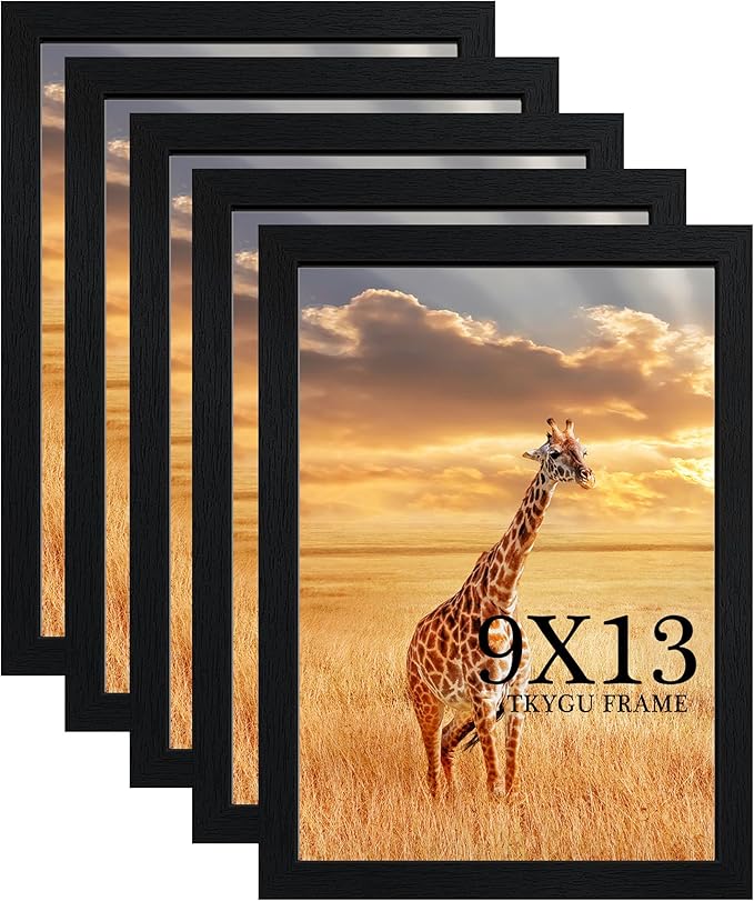 9 x13 Picture Frame Set of 5, 9 x13 Black Wooden Frame Wall Gallery Poster Photo frame with Shatter Resistant Plexiglass,Horizontal and Vertical Formats for Wall Hanging, best gift