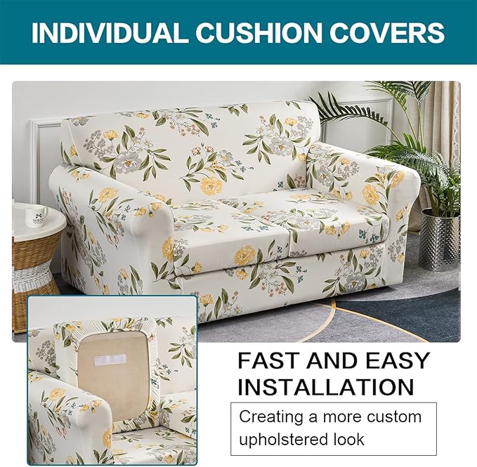 KRFOONN 3 Piece Stretch Sofa Couch Covers for 2 Cushion Couches Printed Sofa Loveseat Slipcover with 2 Separate Seat Cushion Covers Washable Sofa Slip Covers Furniture Protector (Loveseat, 24), Medium