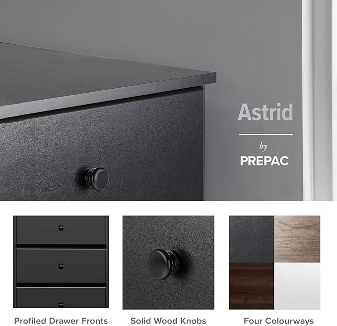 Prepac Astrid 6 Drawer Double Dresser for Bedroom, Wide Chest of Drawers, Bedroom Furniture, Clothes Storage and Organizer, 47.25"W x 28.25"H x 16"D, Black