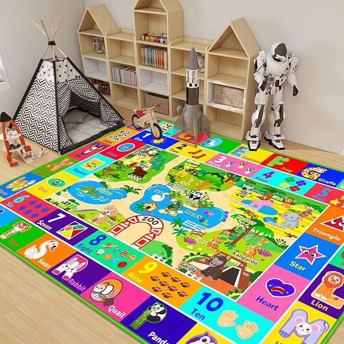 Kids Rug for Playroom, Soft & Non-Slip Educational Rug with ABC, Zoo Animals, Numbers, Floor Play Mat for Kid, Preschool Classroom Rugs Playmat for Toddler Nursery Kids (59X39.4 inch, Zoo)