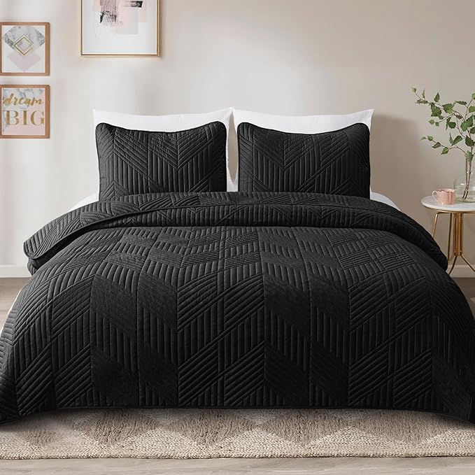 Exclusivo Mezcla Ultrasonic Twin Quilt Bedding Set, Lightweight Black Bedspreads Soft Modern Geometric Coverlet Set for All Seasons (1 Quilt and 1 Pillow Sham)