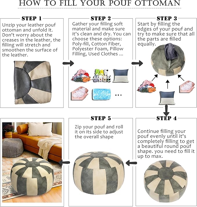 Thgonwid Unstuffed Moroccan Ottoman Pouf Cover, Ottoman Footstool Storage Solution, Bean Bag Chair, Foot Rest, Gray & Mushroom