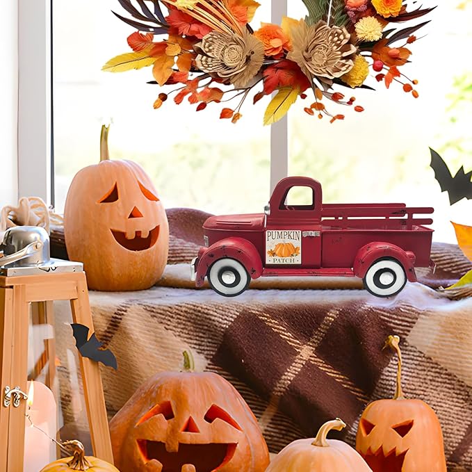 Valentine's day Truck Decor 13.4 Inch Farmhouse Vintage Metal Truck with 12 Magnets Valentines Day Table Decorations for Home Kitchen Mantel Spring Garden Interchangeable Seasonal Decor