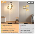 QiMH Farmhouse Floor Lamps for Living Room, Industrial Standing Lamp with 3-Lights Boho Rattan Shades, 68" Modern Rustic Tree Tall Lamps for Bedroom Office, Rotary Switch, 3 LED Bulbs Included