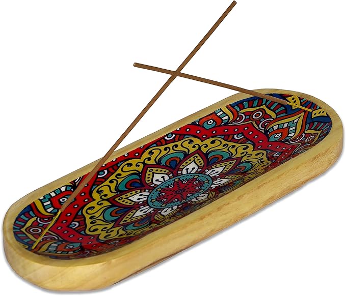 Bless-International Traditional-Handmade-Tray-Burner Wooden-Trat-Incense-Stick-Holder Ash-Catcher-Stand for-Aromatherapy-Meditation-Yoga (Mandala, 11x4x1.22 Inches)