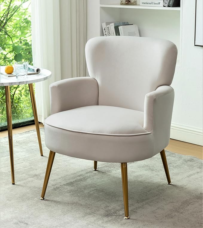 Trendy Velvet Accent Chair with Gold Metal Legs, Upholstered Armchair for Small to Mid-Size Spaces, Modern Living Room, Bedroom, Vanity Desk and Entryway, Ivory