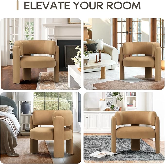 COLAMY Modern Accent Chair, Velvet Accent Chairs, Upholstered Barrel Chairs with Solid Wood Legs, Comfy Side Chair for Living Room, Bedroom, Reading, Cozy Reading Chair,Khaki