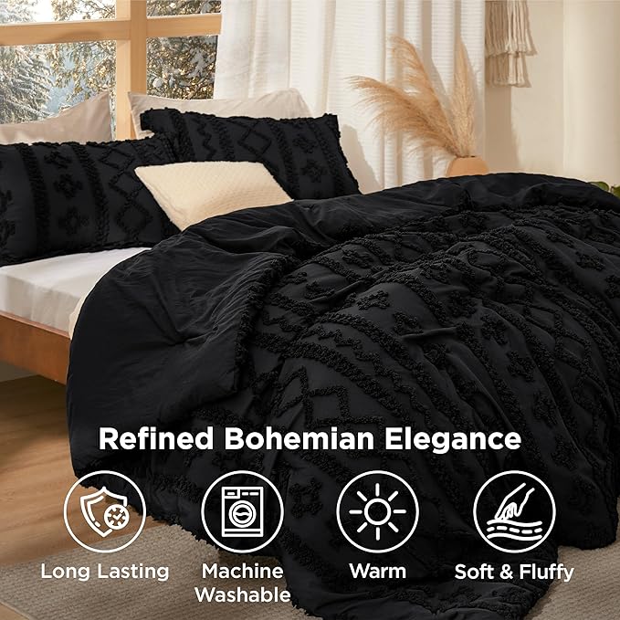 Bedsure Tufted Boho Comforter Set Oversized King - Black Boho Bed Set, GentleSoft™ 3 Pieces Farmhouse Shabby Chic Embroidery Bedding, Gifts for Woman, Soft Jacquard Comforter for All Seasons