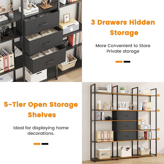 Semoic Triple Wide 6 Tiers Industrial Book shelf with 3 Drawers and Storage Shelves, 73.6" Tall Bookcase with 16 Open Display Shelves, Large Etagere Bookshelf with Metal Frame for Home & Office, Black