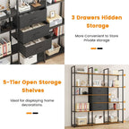 Semoic Triple Wide 6 Tiers Industrial Book shelf with 3 Drawers and Storage Shelves, 73.6" Tall Bookcase with 16 Open Display Shelves, Large Etagere Bookshelf with Metal Frame for Home & Office, Black