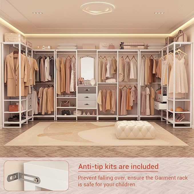 Aheaplus Wood Clothes Rack Wardrobe Closets for Hanging Clothes Heavy Duty Garment Rack, Large Corner L Shaped Closet System Organizer Walk-in Closet for Bedroom with 3 Wood Drawers, White Oak