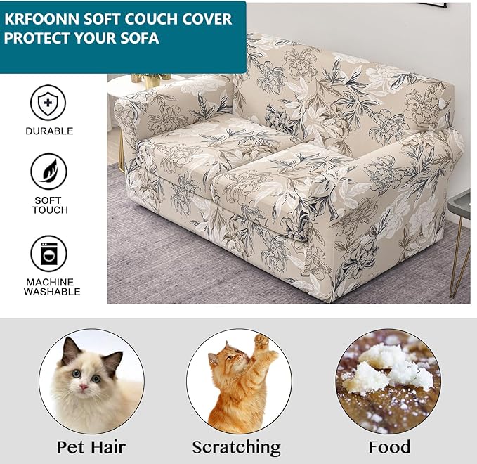 KRFOONN 3 Piece Stretch Sofa Couch Covers for 2 Cushion Couches Printed Sofa Loveseat Slipcover with 2 Separate Seat Cushion Covers Washable Sofa Slip Covers Furniture Protector (Loveseat, 26), Medium