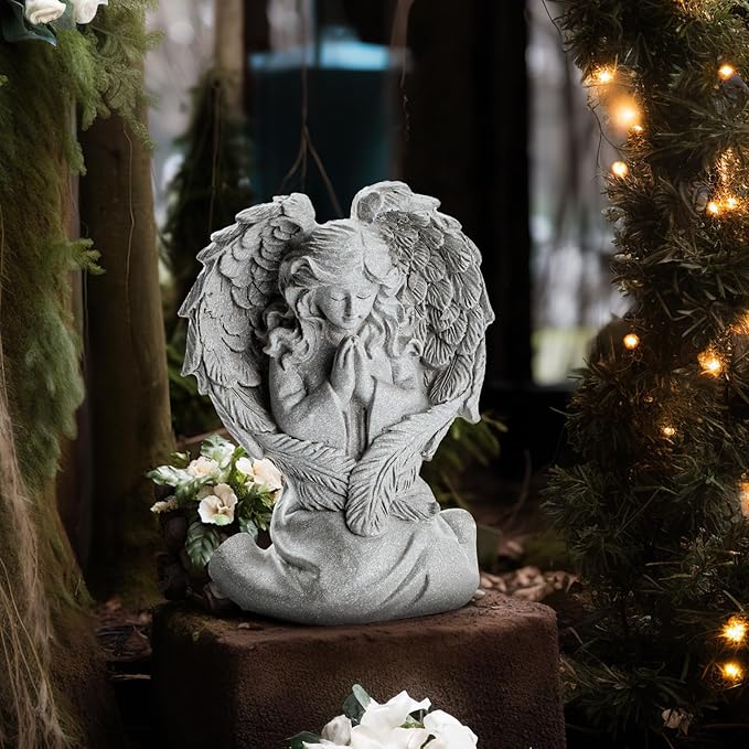 INLOMEM Praying Angel Figurine, Sculpted Hand-Painted Figurine, Angel Wings Statue for Home Decor or Garden, First Communion Gifts for Girls, Religious Gifts for Women (Gray)