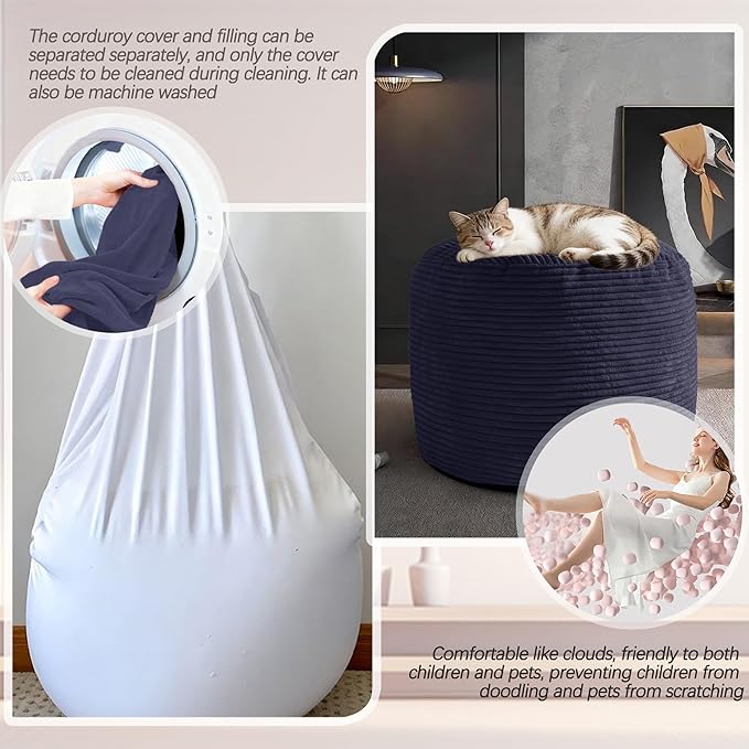 Sqodok Round Stuffed Pouf Ottoman for Foot Stools, 20"x 15" Corduroy Poufs Ottoman with Shredded Foam Filling, Washable Floor Poufs Foot Rest for Living Room Bedroom Home Decor and Office Chair