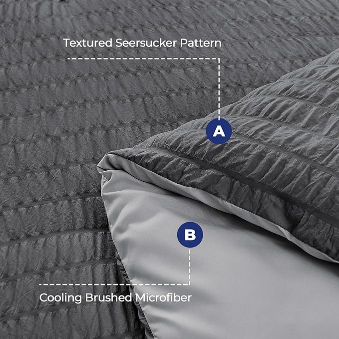 HYMOKEGE Dark Grey/Light Grey King Size Comforter Set Seersucker 7 Pieces, All Season Luxury Bed in a Bag for Bedroom, Bedding Set with Comforter, Sheets, Pillowcases & Shams