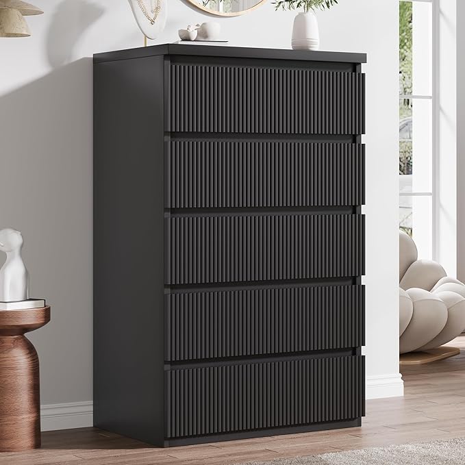 Fluted 5 Drawer Dresser, 43" Tall Dresser Chest of Drawers Curved Profile Design, Wood Mid Century Vertical Dresser Natural Texture for Bedroom, Black Dresser