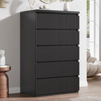 Fluted 5 Drawer Dresser, 43" Tall Dresser Chest of Drawers Curved Profile Design, Wood Mid Century Vertical Dresser Natural Texture for Bedroom, Black Dresser