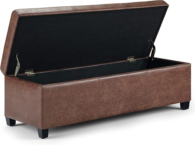SIMPLIHOME Avalon Storage Ottoman Bench - 48 inch Wide Upholstered Vegan Leather Rectangular Lift-Top Ottoman in Distressed Umber Brown, Contemporary Bench for Living Room with High-Density Foam