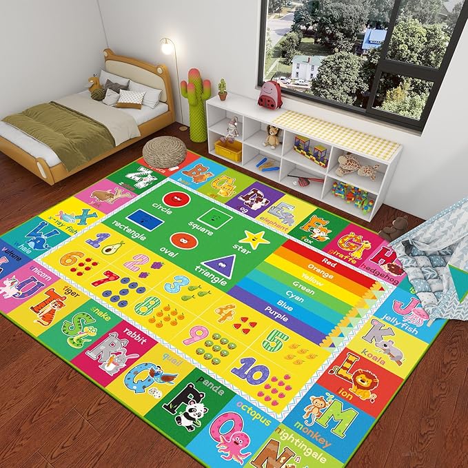 ABC Carpet, Kids Rugs for Playroom, Educational Play Mat for Kids, Preschool Rugs with ABC, Numbers, Animals Learning Carpet for Bedroom Playroom Classroom Baby Children (Yellow, 118X78.7 INCH)