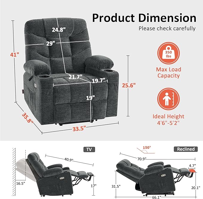 MCombo Power Lift Recliner Chair for Elderly, Electric Lift Chair with Extended Footrest, USB Ports, Cup Holders, Fabric 7281 (Dark Gray, Small)