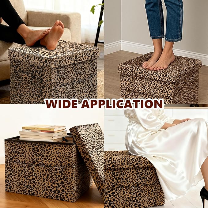 ALASDO Storage Ottoman Footrest Stool Small Ottoman with Storage Foldable Ottomans Foot Rest Footstool Bench for Living Room 17x13x13inches Leopard Print
