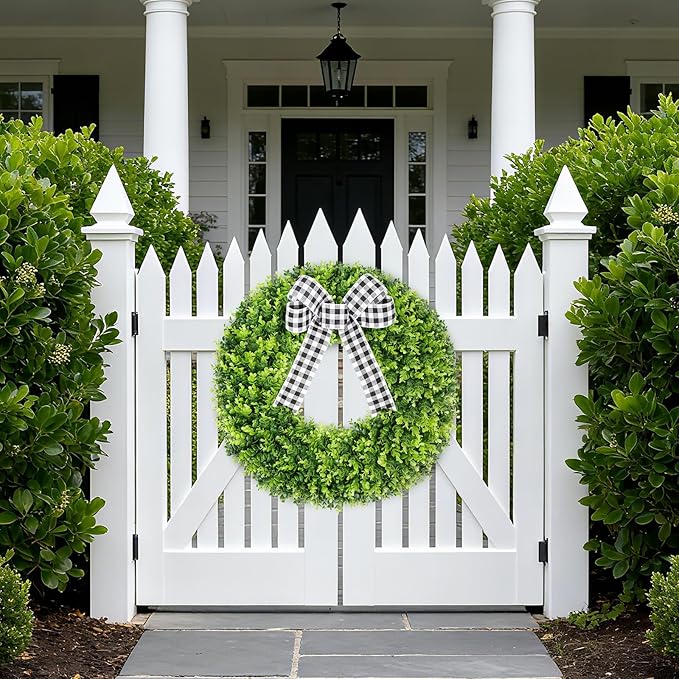 Vlorart 28" Faux Round Boxwood Wreath, Artificial Large Boxwood Wreath Front Door Wreaths Artificial Spring Summer Greenery Hanging with A Plaid Bow for Villa Wall Hanging Window Wedding Party Decor
