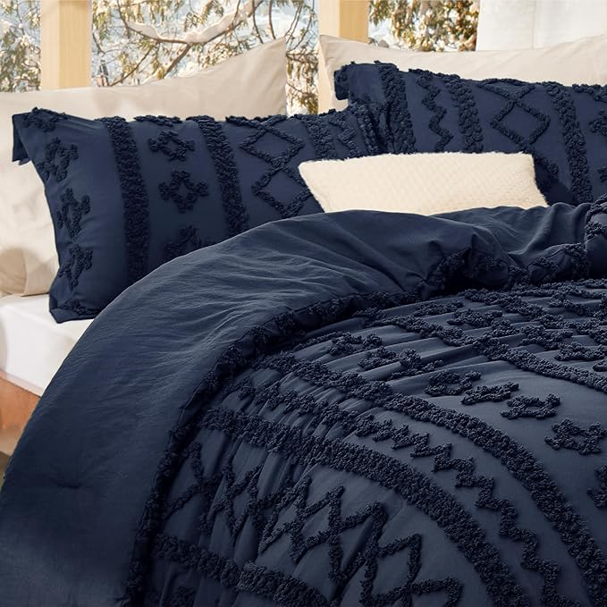 Bedsure Tufted Boho Comforter Set Twin Size - Navy Boho Bed Set, GentleSoft™ 2 Pieces Farmhouse Shabby Chic Embroidery Bedding, Gifts for Woman, Soft Jacquard Twin Comforter for All Seasons