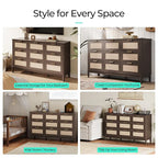 LINSY HOME Rattan Dresser with 9 Deep Drawers, 58" Wide Long Chest of Drawers, Mid Century Modern Tall Dresser, Large Wood Boho Storage Cabinet for Bedroom with Metal Handle and Durable Legs, Walnut