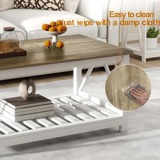 Farmhouse Coffee Table for Living Room, 2-Tier Rectangular Wooden Centre Cocktail Table with Slats Shelf Storage and V-Shaped Frame (Walnut Top)