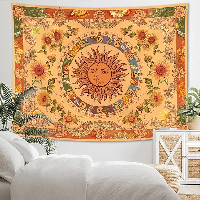 Accnicc Yellow Sun and Moon Tapestry Vintage Indie Boho Tapestry Wall Hanging with Sunflowers Butterfly Moth Constellation Aesthetic Wall Tapestries for Bedroom Dorm Living Room (Orange, 80'' × 60'')