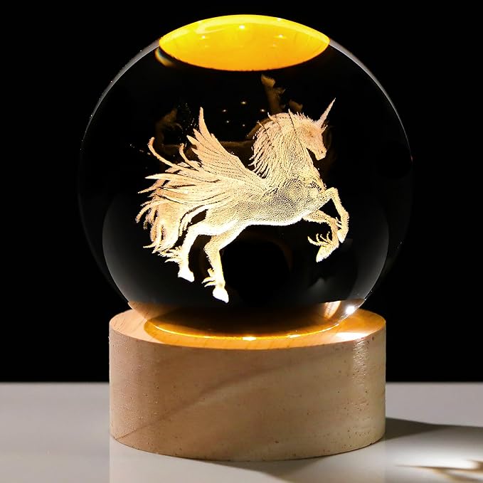 3D Unicorn Crystal Ball with Wooden Light Base Glass Unicorns Figurine Gifts for Women Daughter Lovers for Birthday Valentine's Day Christmas Decor Lamp Paperweight (Diameter 2.36 inches)