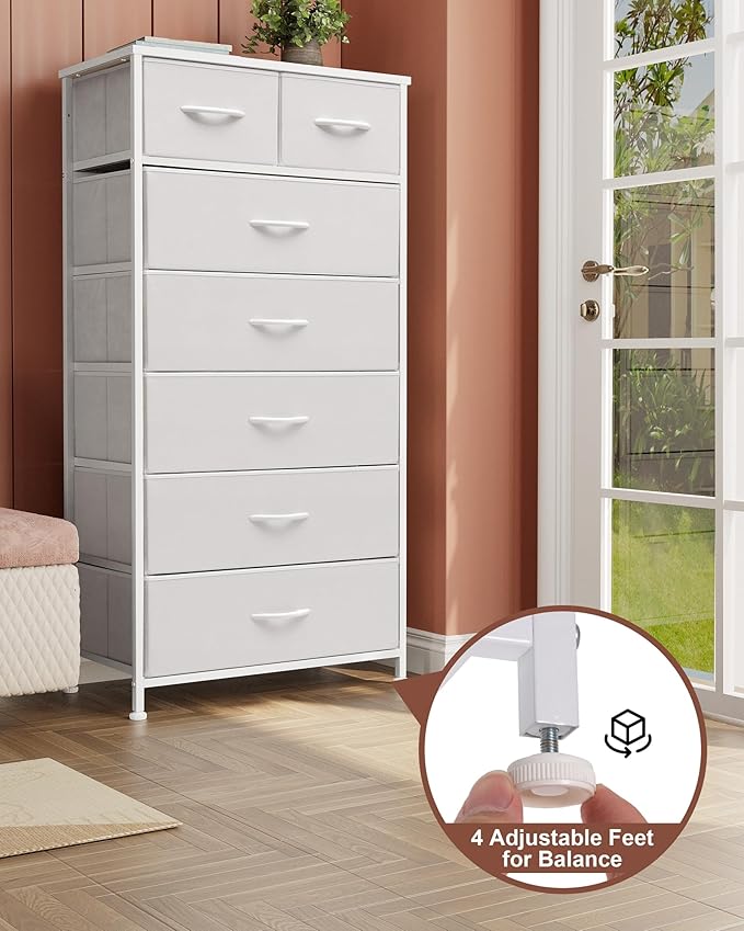 Crestlive Products Vertical Dresser Storage Tower - Sturdy Steel Frame, Wood Top, Easy Pull Fabric Bins, Handles - Organizer Unit for Bedroom, Hallway, Entryway, Closets - 7 Drawers (White)