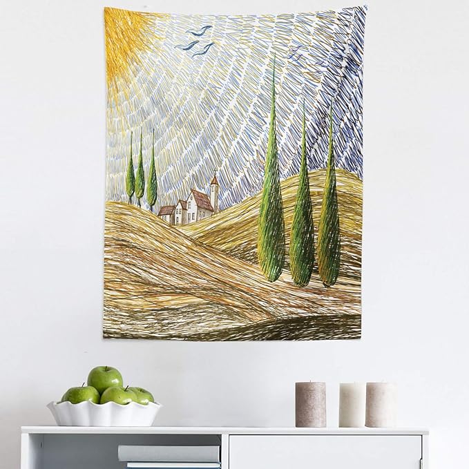 Ambesonne Italian Tapestry, Van Gogh Style Italy Valley Rural Fields European Scenery Painting Print, Fabric Wall Hanging Decor for Bedroom Living Room Dorm, 23" X 28", Tan Blue Green