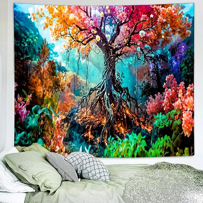 Delur Forest Tapestry Tree of Life Fantasy Tropical Rainforest Tapestry Wall Hanging Colorful Nature Mystical Landscape Psychedelic Spiritual Headboard for Bedroom Living Room Home Decor (70.8" x 92.5")