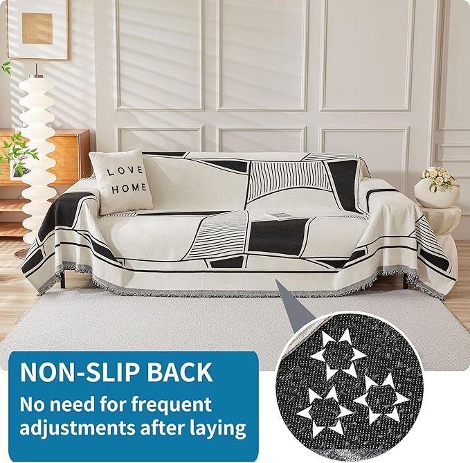 HAOMAIJIA Non Slip Sofa Cover - Washable Sectional Couch Covers for Dogs & Pets - Living Room Furniture Protector (Black-Cream, 71"x134")