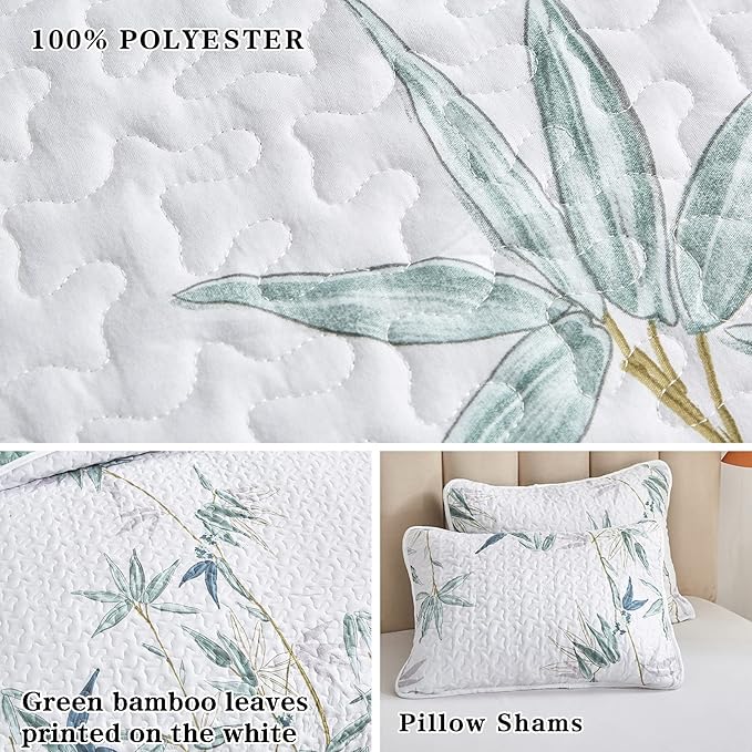 Botanical Quilt Set 3 Piece California King, Green Leaves Printed on White Reversible Bedspread Coverlet Set, Soft Microfiber Lightweight Bed Cover for All Season (102" x 114", 1 Quilt+ 2 Pillow Sham)