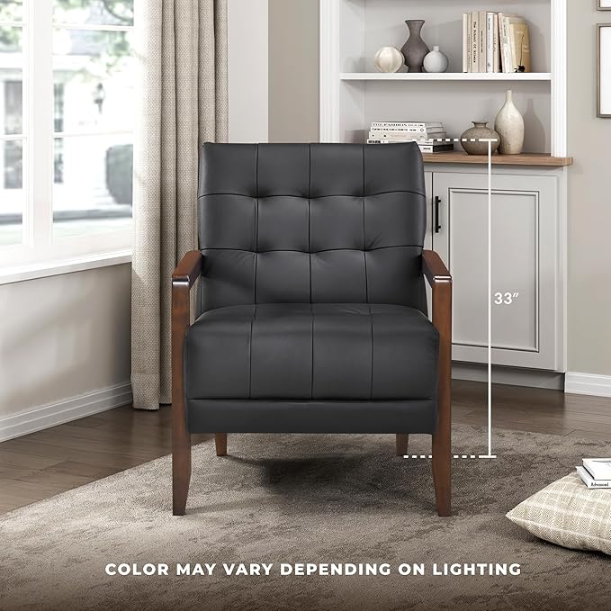 Lexicon Modern Accent Chair, Luxury Genuine Leather Match Living Room Chair with Tufted Cushions, Solid Wood Frame and Arm Rest, Comfy Upholstered Single Seat for Bedroom/Reading/Office, Black