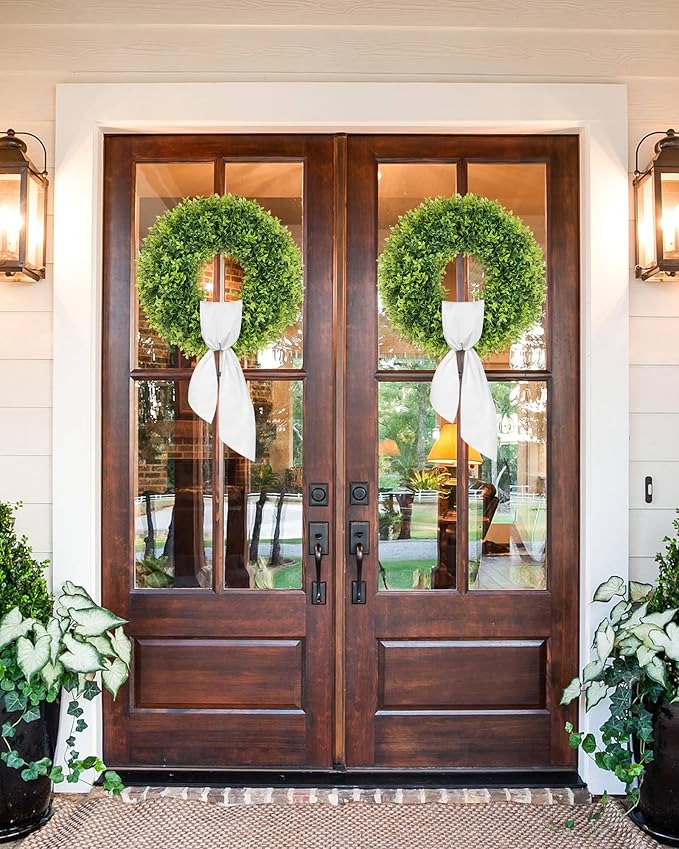 22 Inch Artificial Boxwood Wreaths for Front Door, Summer Door Wreath with Sash, Spring Green Wreath Weatherproof for Wall Window Porch Farmhouse Wedding Decor All Year Round Indoor Outdoor