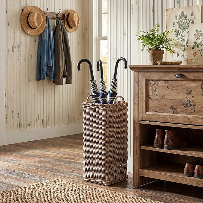 Rattan Umbrella Holder for Entryway 20.5h x 9l x 9w Inch Square Umbrella Stand with Plastic Water Catch, Umbrellas Basket Bucket Fit Walking Cane Tall Umbrellas Storage for Home Office