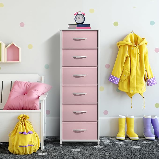 Sorbus Fabric Dresser for Kids Bedroom - Chest of 6 Drawers, Tall Storage Tower, Clothing Organizer, for Closet, for Playroom, for Nursery, Steel Frame, Fabric Bins - Wood Handle (Pink)