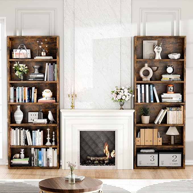 6-Tier Industrial Bookcase, 63" Tall Freestanding Wood Bookshelf with Open Display Storage Shelves for Living Room, Bedroom, Home Office, Rustic Brown
