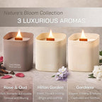 Set of 3 Premium Scented Soy Candles Gift Set | Nature's Bloom Collection - Gardenia, Hilton Garden and Rose & Oud | Crackling Wood Wick | Luxury Candles for Relaxation, Home Décor, Gifts | 9.8oz Each