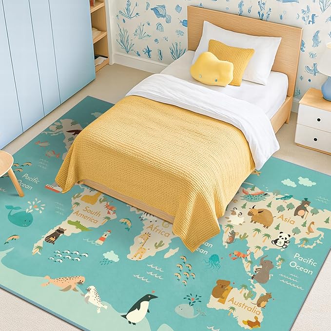 Washable Large Kids Playroom Rug with Animal – 5x8 Educational World Map Play Mat for Kids Room – Non-Slip, Stain Resistant, Soft & Safe for Baby, Nursery, Classroom or Bedroom - Blue Ocean