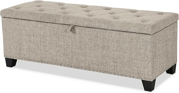 24/7 Shop at Home Sacallant Modern Linen Storage Bench with Button-Tufted Lift-Top, Upholstered Footstool, Rectangular Ottoman for Living Room, Bedroom, Entryway, Light Brown