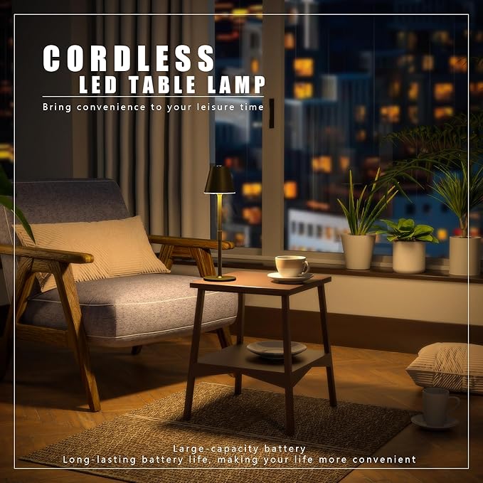 2-Pack Cordless Table Lamps - 5000mAh Rechargeable Battery Operated Desk Lamp, 3-Level Dimmable LED Night Light for Bedroom, Dining, Restaurant - Metal Design (Bronze 2PACK)