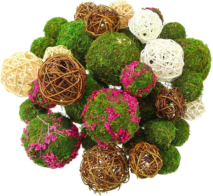 Yunsailing 36 Pcs Moss Decorative Balls for Centerpiece Bowls and Rattan Wicker Balls Handmade Moss Orbs Vase Filler for Garden Wedding Home Christmas Party Decoration(Elegant Colors)